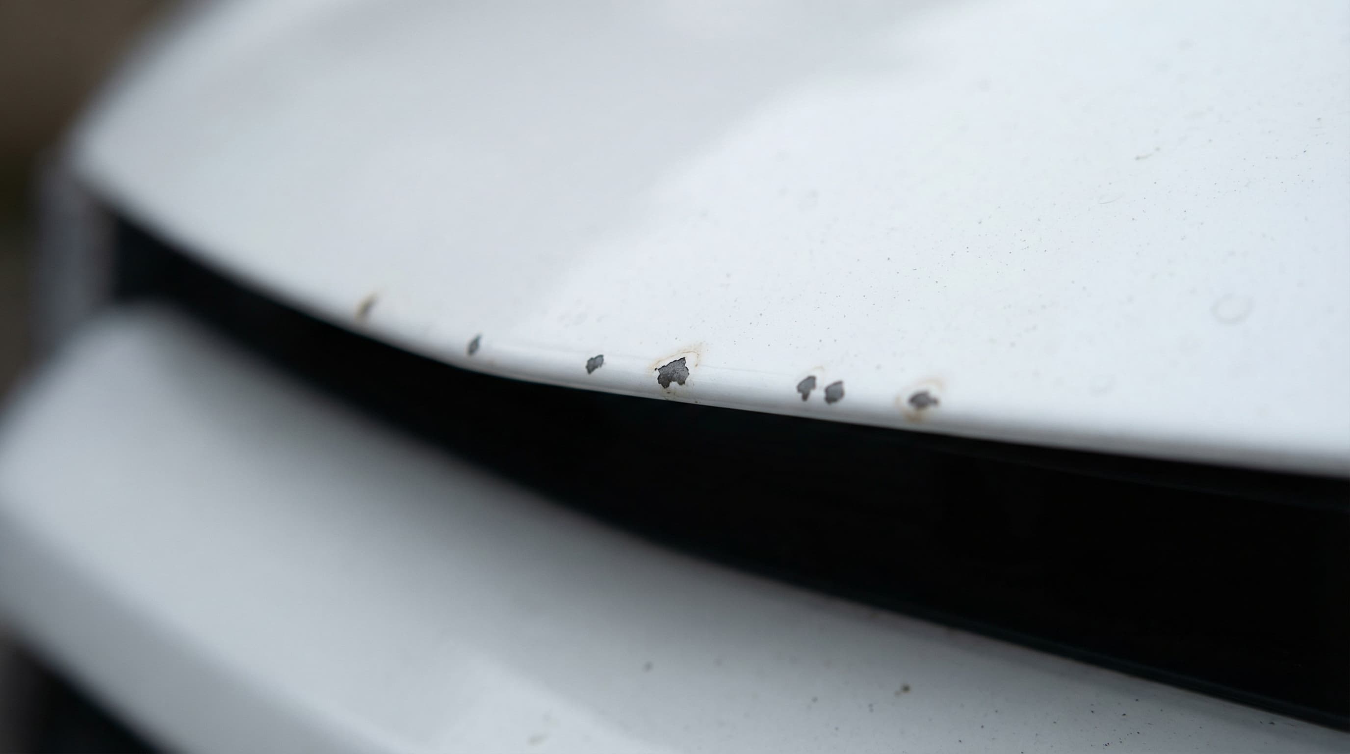 Close-up of white Toyota RAV4 bonnet leading edge showing stone chip damage from highway driving